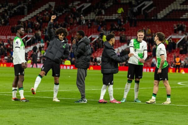 MANCHESTER, ENGLAND - Friday, April 12, 2024: Liverpool's (L-R) Amata Nallo, Jayden Danns, Trey Nyoni, Trent Kone-Doherty, Tommy Pilling, Lewis Koumas after the Premier League 2 Division 1 match between Manchester United FC Under-21's and Liverpool FC Under-21's at Old Trafford. Liverpool won 3-0. (Photo by David Rawcliffe/Propaganda)