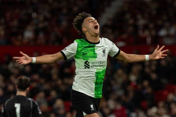 LONDON, ENGLAND - Friday, February 25, 2022: Liverpool's Kaide Gordon celebrates after scoring the second goal during the Premier League 2 Division 1 match between Arsenal FC Under-23's and Liverpool FC Under-23's at Meadow Park. (Pic by David Rawcliffe/Propaganda)