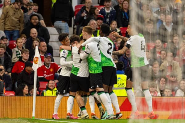 LONDON, ENGLAND - Friday, February 25, 2022: Liverpool's Trent Kone-Doherty (L) celebrates with team-mates after scoring the opening goal during the Premier League 2 Division 1 match between Arsenal FC Under-23's and Liverpool FC Under-23's at Meadow Park. (Pic by David Rawcliffe/Propaganda)